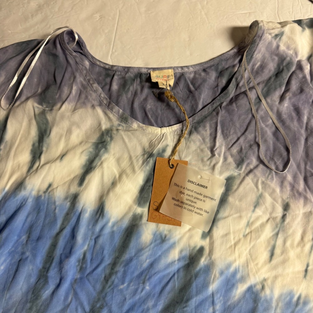 Surf Gypsy Blue Grey Tie Dye Tassel Swim Cover Up Top Small NWT